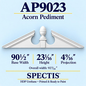 AP9023 Acorn Pediment – 90 1/2 inch base width x 23 1/16 inch height x 4 9/16 inch projection – primed HDP urethane door and window trim