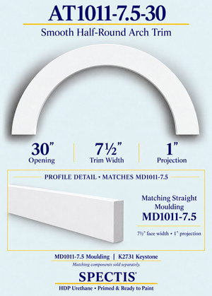 AT1011-7.5-30 Smooth Half-Round HDP Urethane Arch Trim - 30" Opening; matching MD1011-7.5 moulding profile shown below the arch