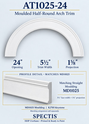 AT1025-24 moulded half-round HDP urethane arch trim for a 24-inch opening; MD1025 moulding profile detail and matching K2703 keystone