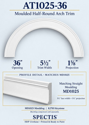 AT1025-36 moulded half-round HDP urethane arch trim, 36-inch opening, with MD1025 profile detail and matching K2703 keystone; 5.5-inch face, 1.625-inch projection