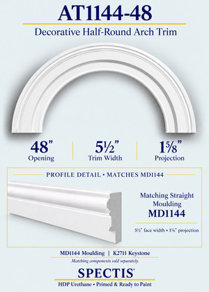 AT1144-48 decorative half-round HDP urethane arch trim for a 48-inch opening with matching MD1144 moulding profile and K2711 keystone information