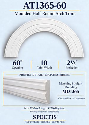 AT1365-60 moulded half-round HDP urethane arch trim, 60-inch opening, 10-inch face, 2.5-inch projection, with matching MD1365 moulding profile