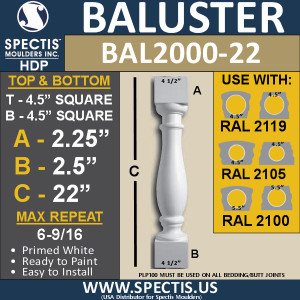 BAL2000-22 Urethane Baluster or Spindle 4 1/2"W X 22"H