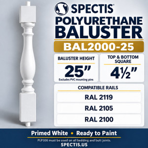 BAL2000-25 Spectis polyurethane baluster, 25-inch body height excluding PVC mounting pins, 4½-inch square ends; compatible rails RAL 2119, RAL 2105, RAL 2100.