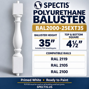 BAL2000-25EXT35 Spectis polyurethane baluster, 35-inch body height excluding PVC mounting pins, 4½-inch square ends; compatible rails RAL 2119, RAL 2105, RAL 2100.