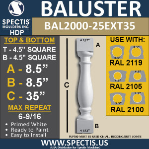 BAL2000-25ext35 Urethane Baluster or Spindle 4 1/2"W X 35"H