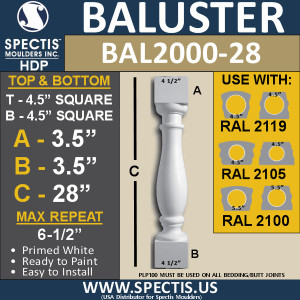 BAL2000-28 Urethane Baluster or Spindle 4 1/2"W X 28"H