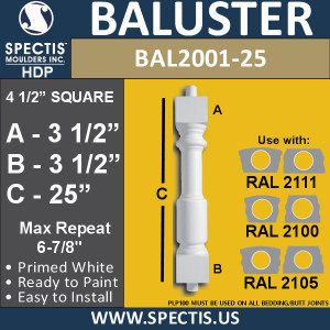 BAL2001-25 Urethane Baluster or Spindle 4 1/2"W X 25"H