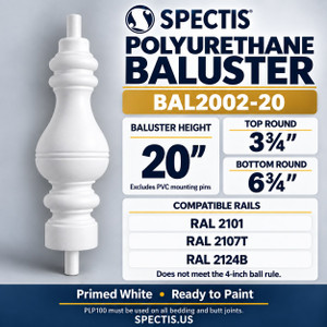 BAL2002-20 Spectis polyurethane baluster, 20-inch body height excluding PVC mounting pins; model profile, dimensions and compatible rail numbers.
