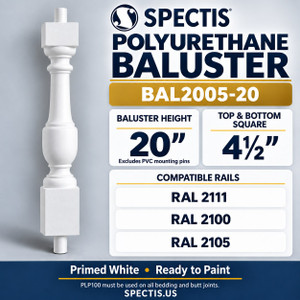 BAL2005-20 Spectis polyurethane baluster, 20-inch body height excluding PVC mounting pins; model profile, dimensions and compatible rail numbers.
