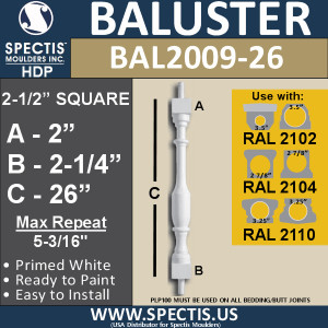 BAL2009-26 Urethane Baluster or Spindle 2 1/2"W X 26"H