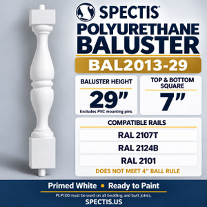 BAL2013-29 Spectis polyurethane baluster, 29-inch body height excluding PVC mounting pins; product profile, dimensions and compatible rails.