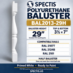 BAL2013-29H Spectis polyurethane baluster, 29-inch body height excluding PVC mounting pins; model profile, dimensions and compatible rail numbers.