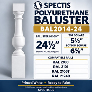 BAL2014-24 Spectis polyurethane baluster, 24½-inch body height excluding PVC mounting pins; model profile, dimensions and compatible rail numbers.