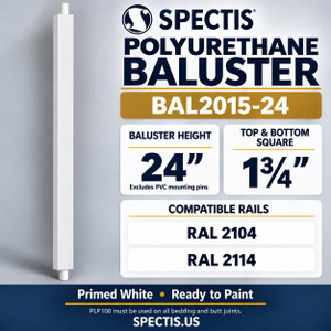 BAL2015-24 Spectis polyurethane baluster, 24-inch body height excluding PVC mounting pins; product profile, dimensions and compatible rails.