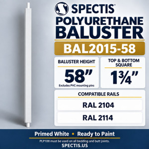 BAL2015-58 Spectis polyurethane baluster, 58-inch body height excluding PVC mounting pins; product profile, dimensions and compatible rails.