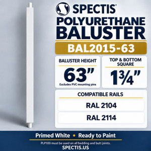 BAL2015-63 Spectis polyurethane baluster, 63-inch body height excluding PVC mounting pins; product profile, dimensions and compatible rails.