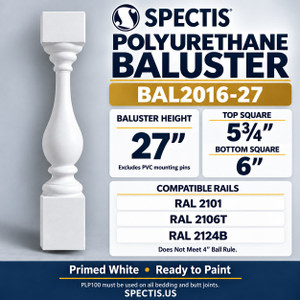 BAL2016-27 Spectis polyurethane baluster, 27-inch body height excluding PVC mounting pins; product profile, dimensions and compatible rails.