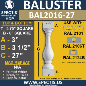 BAL2016-27 Urethane Baluster or Spindle 5 3/4"W X 27"H