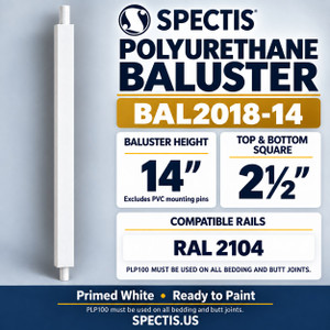 BAL2018-14 Spectis polyurethane baluster, 14-inch body height excluding PVC mounting pins; product profile, dimensions and compatible rails.