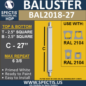 BAL2018-27 Urethane Baluster or Spindle 2 1/2"W X 27"H