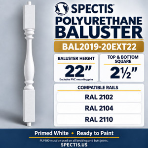 BAL2019-20EXT22 Spectis polyurethane baluster, 22-inch body height excluding PVC mounting pins; product profile, dimensions and compatible rails.