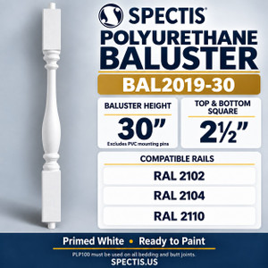 BAL2019-30 Spectis polyurethane baluster, 30-inch body height excluding PVC mounting pins; product profile, dimensions and compatible rails.