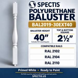 BAL2019-30EXT40 Spectis polyurethane baluster, 40-inch body height excluding PVC mounting pins; product profile, dimensions and compatible rails.
