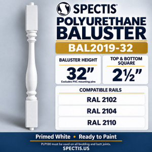 BAL2019-32 Spectis polyurethane baluster, 32-inch body height excluding PVC mounting pins; product profile, dimensions and compatible rails.