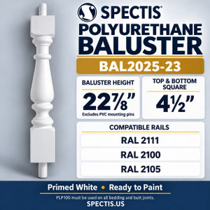 BAL2025-23 Spectis polyurethane baluster — product profile, dimensions and compatible rail numbers.