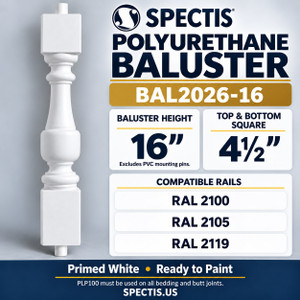 BAL2026-16 Spectis polyurethane baluster — product profile, dimensions and compatible rail numbers.