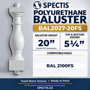 BAL2027-20FS Spectis Polyurethane Baluster — 20″ H × 5 1/4″ Square — Fossil Stone texture; compatible rails: RAL 2100FS