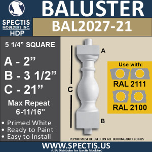 BAL2027-21 Urethane Baluster or Spindle 5 1/4"W X 21"H