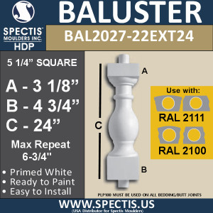 BAL2027-22EXT24 Urethane Extended Baluster 5 1/4"W X 24"H
