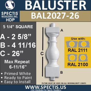 BAL2027-26 Urethane Baluster or Spindle 5 1/4"W X 26"H