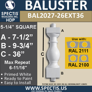 BAL2027-26EXT36 Urethane Extended Baluster 5 1/4"W X 36"H