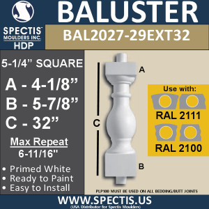 BAL2027-29EXT32 Urethane Extended Baluster 5 1/4"W X 32"H