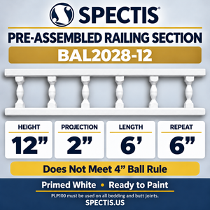 BAL2028-12 Spectis polyurethane preassembled railing section — 12 inch height, 2 inch projection, 6 foot length, 6 inch repeat