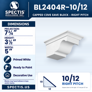 BL2404R-10/12 Capped Cove Eave Block, right 10/12 pitch, Spectis polyurethane block, 7 3/4 in projection x 3 1/2 in high x 5 in wide
