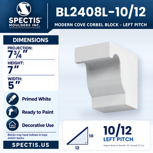 BL2408L-10/12 Modern Cove Corbel Block, left 10/12 pitch, Spectis polyurethane block, 7 3/4 in projection x 7 in high x 5 in wide