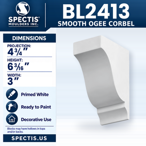 BL2413 Smooth Ogee Corbel, Spectis polyurethane corbel, 4 3/4 in projection x 6 3/16 in high x 3 in wide