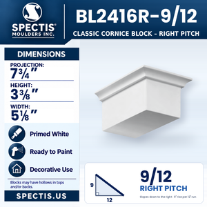 BL2416R-9/12 Classic Cornice Block, right 9/12 pitch, Spectis polyurethane block, 7 3/4 in projection x 3 3/8 in high x 5 1/8 in wide