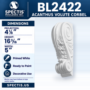 BL2422 Acanthus Volute Corbel, Spectis polyurethane corbel, 4 1/8 in projection x 16 3/16 in high x 5 in wide