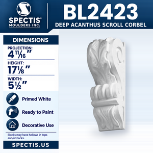 BL2423 Deep Acanthus Scroll Corbel, Spectis polyurethane corbel, 4 11/16 in projection x 17 1/8 in high x 5 1/2 in wide