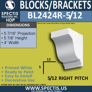 BL2424R-5/12 Smooth Ogee Corbel, right 5/12 pitch, Spectis BLOCKS/BRACKETS dimension card, 5 7/16 in projection x 5 7/8 in high x 4 in wide