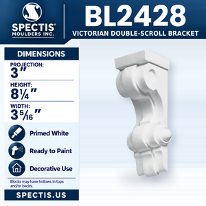 BL2428 Victorian Double-Scroll Bracket, Spectis polyurethane bracket, 3 in projection x 8 1/4 in high x 3 5/16 in wide