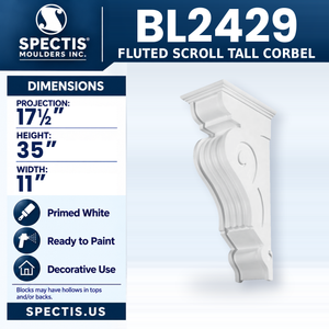 BL2429 Fluted Scroll Tall Corbel, Spectis polyurethane corbel, 17 1/2 in projection x 35 in high x 11 in wide