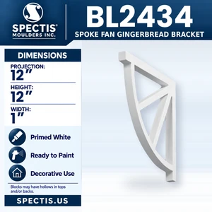 BL2434 Spoke Fan Gingerbread Bracket, Spectis polyurethane bracket, 12 in projection x 12 in high x 1 in wide