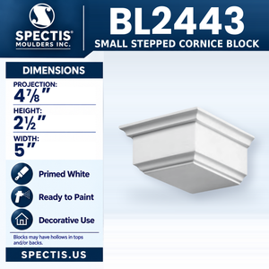 BL2443 Small Stepped Cornice Block, Spectis polyurethane block, 4 7/8 in projection x 2 1/2 in high x 5 in wide