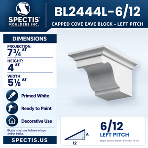 BL2444L-6/12 Capped Cove Eave Block, left 6/12 pitch, Spectis polyurethane block, 7 3/4 in projection x 4 in high x 5 1/8 in wide